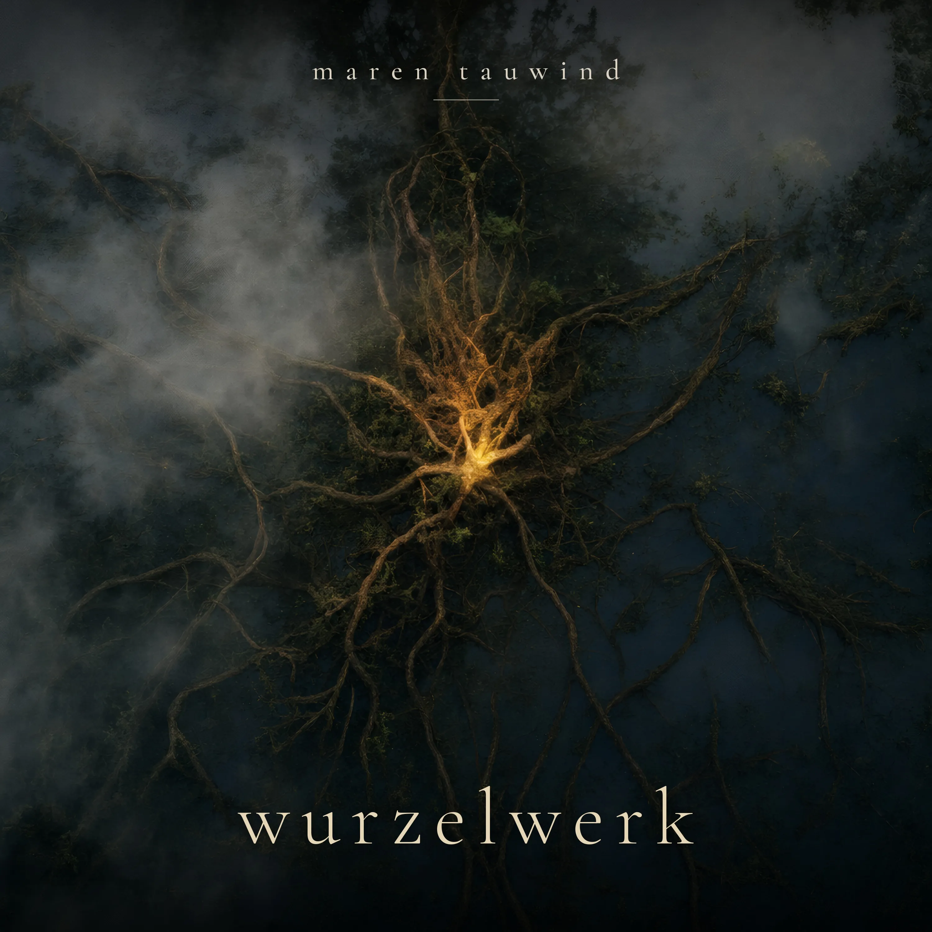 Albumcover Wurzelwerk: Wurzeln im dunklen Moorwasser, in der Mitte ein Fleck Morgenlicht